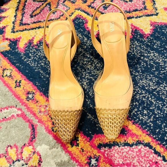 EUC Zara Clear Brown Mesh Slingback Heels 38/7.5 - Picture 1 of 5
